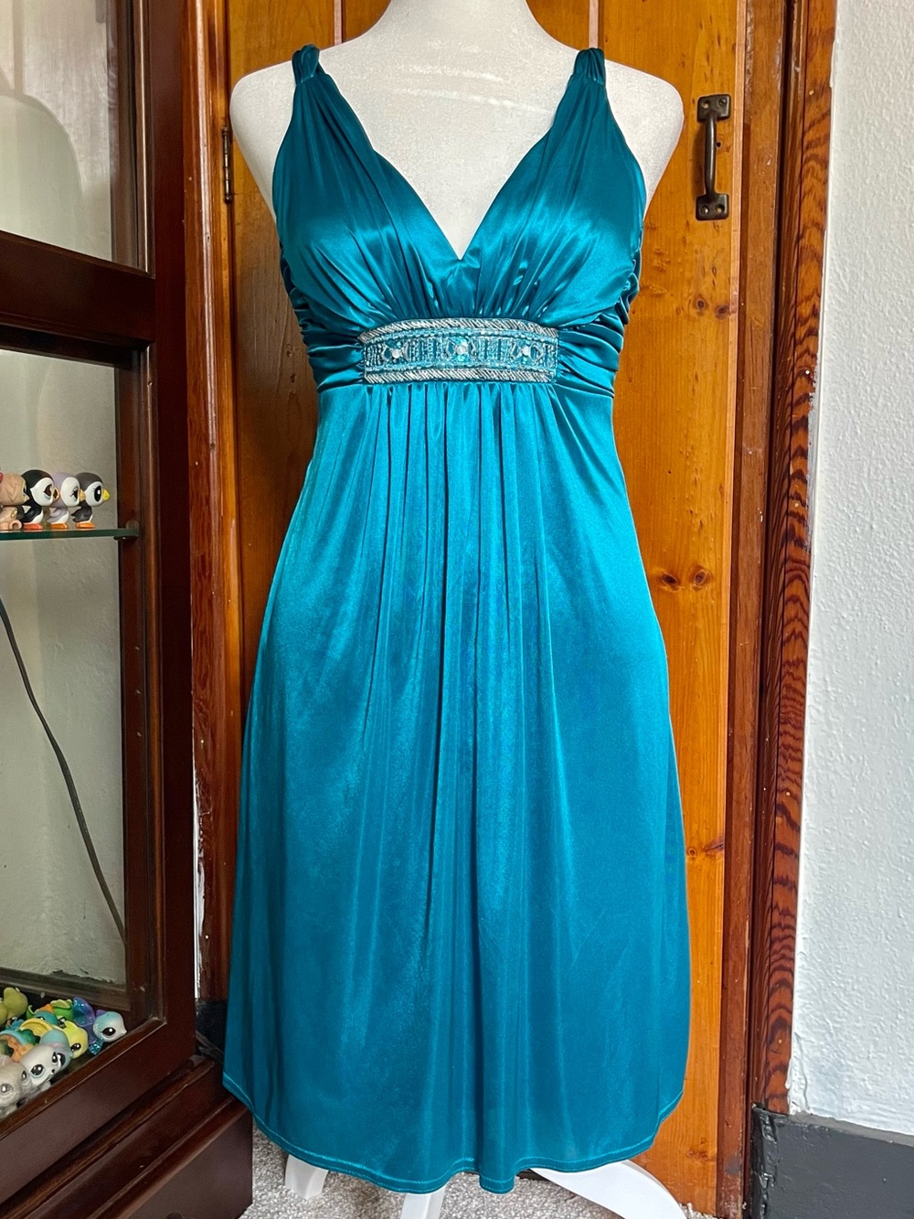 City Triangles Teal Satin Silver Beaded Rhinestone Dress Size XS-S